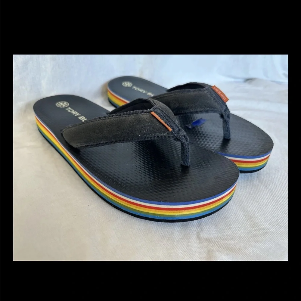 Tory Burch Navy suede 70’s rainbow Flip Flops sandals insole peeling Pride